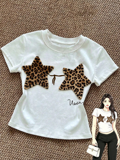 Attitoon Women's Leopard Print Star Patchwork Round Neck Pullover Short Sleeve T-Shirt